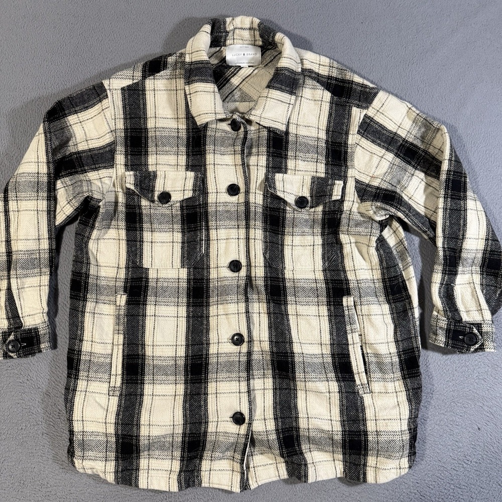 Lucky Brand Women's Beige & Black Buffalo Plaid Oversized Shirt Jacket Size L